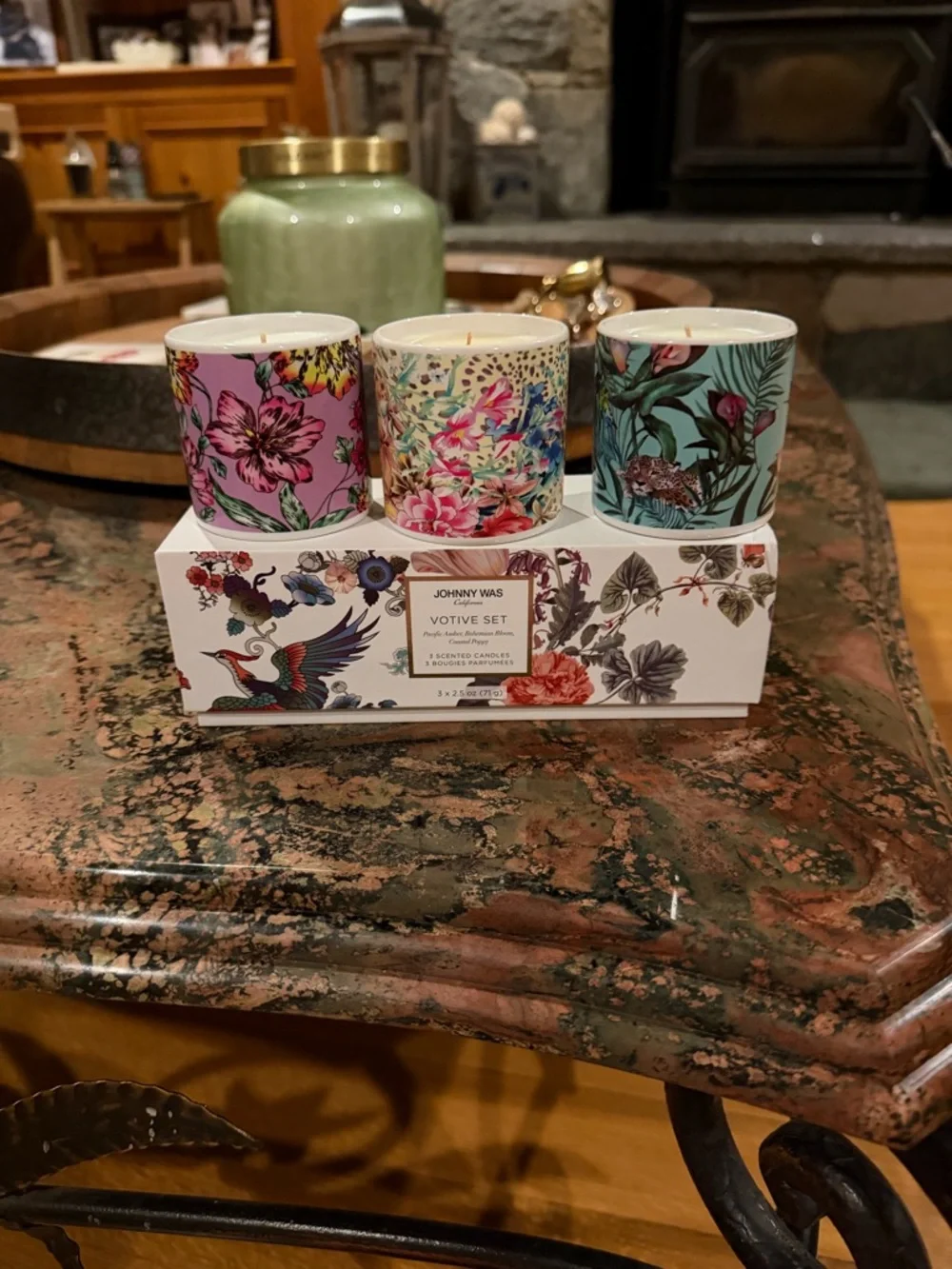 JOHNNY WAS HOME - 3 VOTIVE CANDLES Pacific Amber, Bohemian Bloom, Coastal Poppy